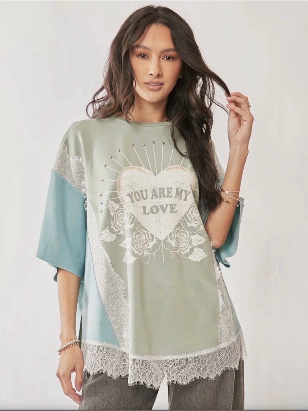 Davi & Dani Sage Green Heart Tee with Aqua Accents